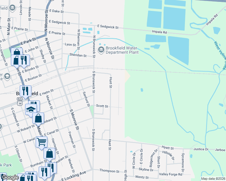 map of restaurants, bars, coffee shops, grocery stores, and more near 101-399 Hunt Street in Brookfield
