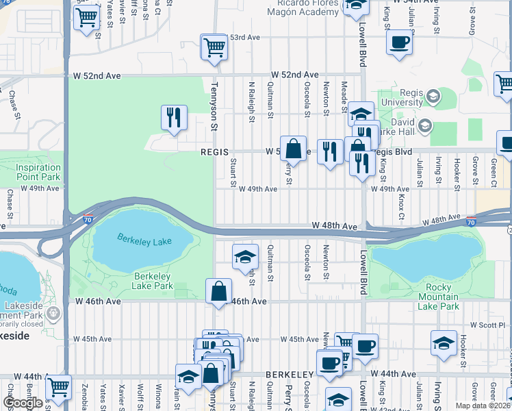 map of restaurants, bars, coffee shops, grocery stores, and more near 4841 Raleigh Street in Denver