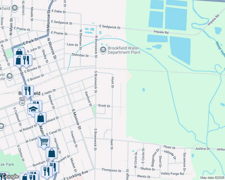 map of restaurants, bars, coffee shops, grocery stores, and more near 101-399 Hunt Street in Brookfield