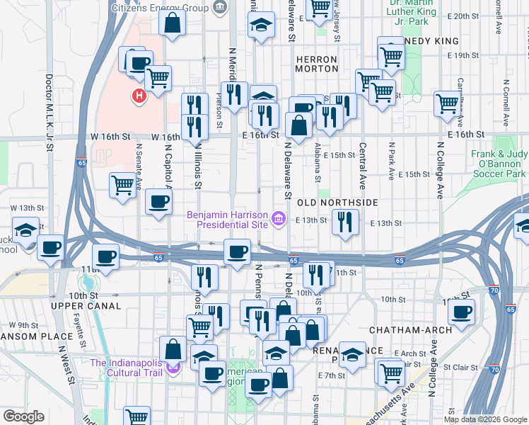 map of restaurants, bars, coffee shops, grocery stores, and more near in Indianapolis