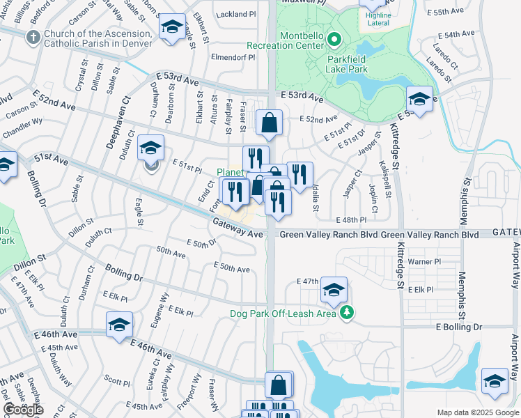 map of restaurants, bars, coffee shops, grocery stores, and more near 5044 Fraser Way in Denver