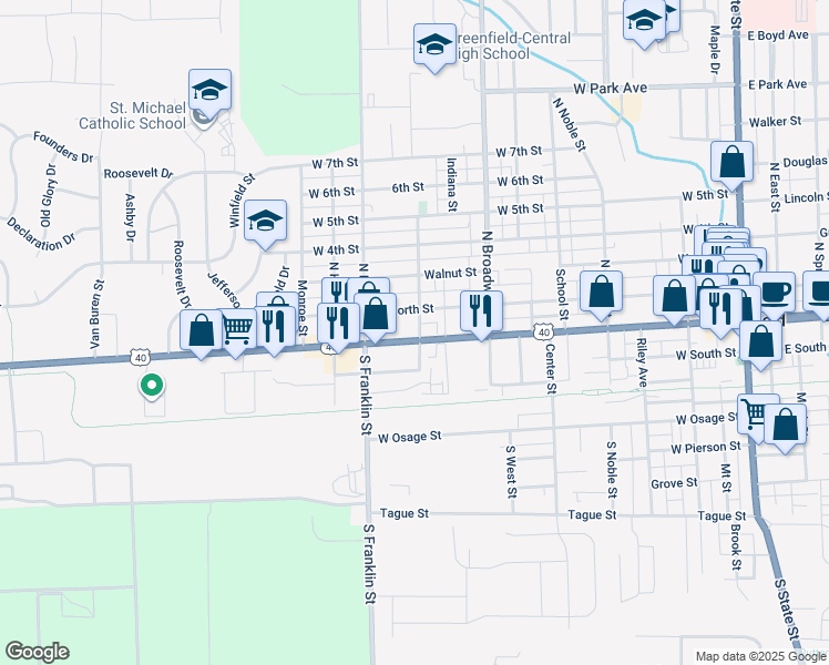 map of restaurants, bars, coffee shops, grocery stores, and more near 902 West Main Street in Greenfield