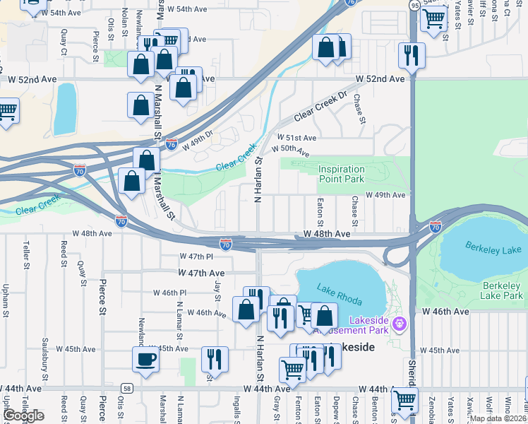 map of restaurants, bars, coffee shops, grocery stores, and more near 4831 North Harlan Street in Wheat Ridge