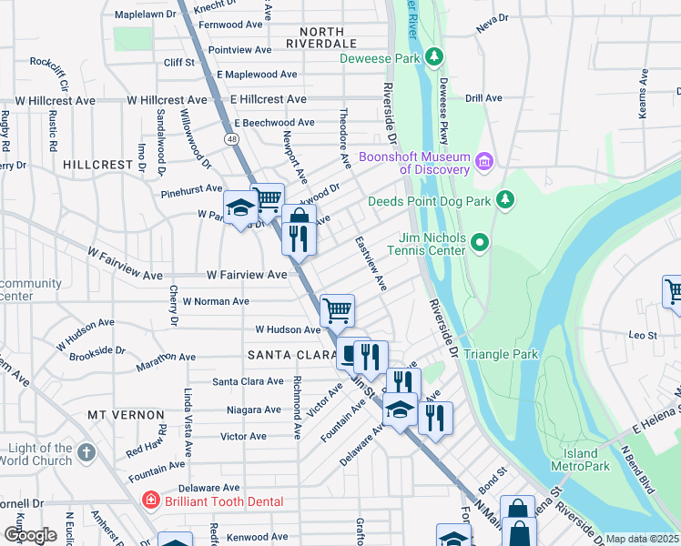 map of restaurants, bars, coffee shops, grocery stores, and more near 39 East Norman Avenue in Dayton