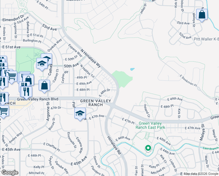 map of restaurants, bars, coffee shops, grocery stores, and more near 20088 East 48th Drive in Denver