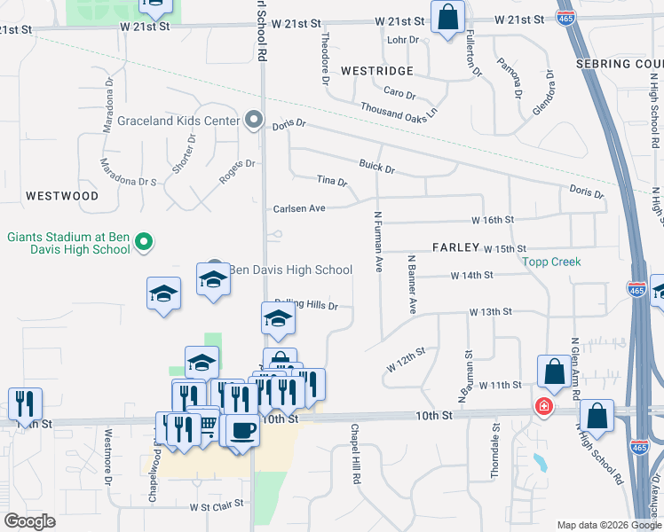 map of restaurants, bars, coffee shops, grocery stores, and more near 7141 Topp Creek Court in Indianapolis