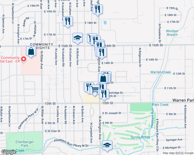 map of restaurants, bars, coffee shops, grocery stores, and more near 5902 East 12th Street in Indianapolis