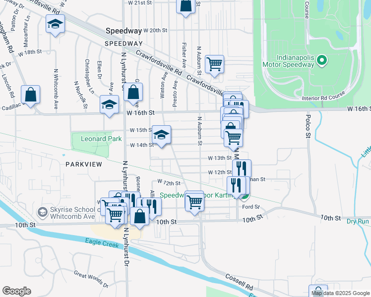 map of restaurants, bars, coffee shops, grocery stores, and more near 5040 West 13th Street in Indianapolis