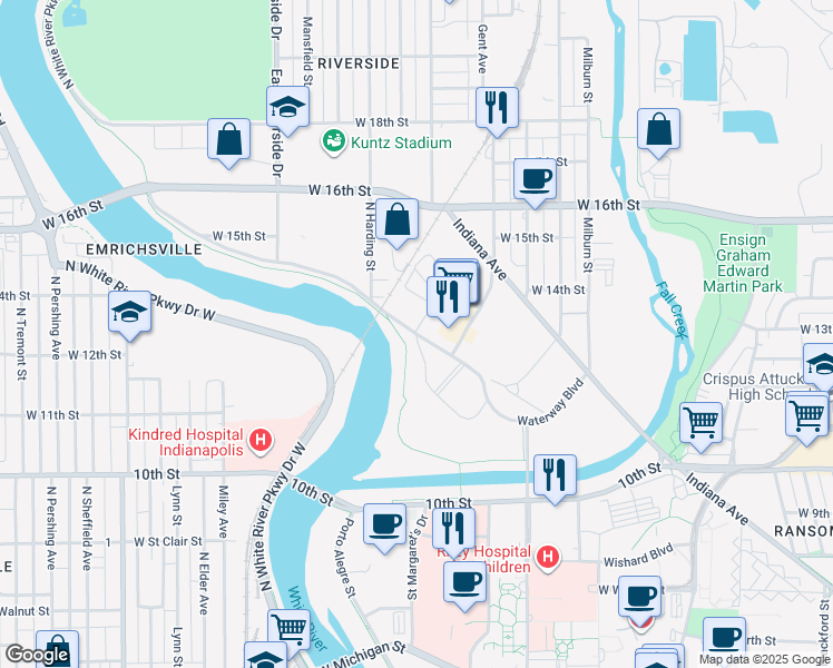 map of restaurants, bars, coffee shops, grocery stores, and more near 1318 Waterway Boulevard in Indianapolis