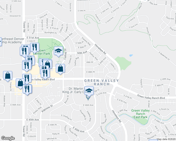 map of restaurants, bars, coffee shops, grocery stores, and more near 4842 Fundy Street in Denver