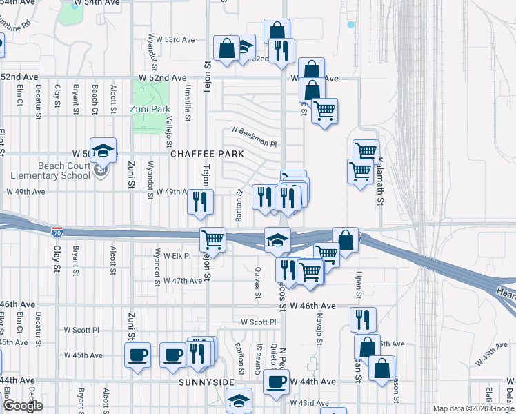 map of restaurants, bars, coffee shops, grocery stores, and more near 1735 West 48th Avenue in Denver