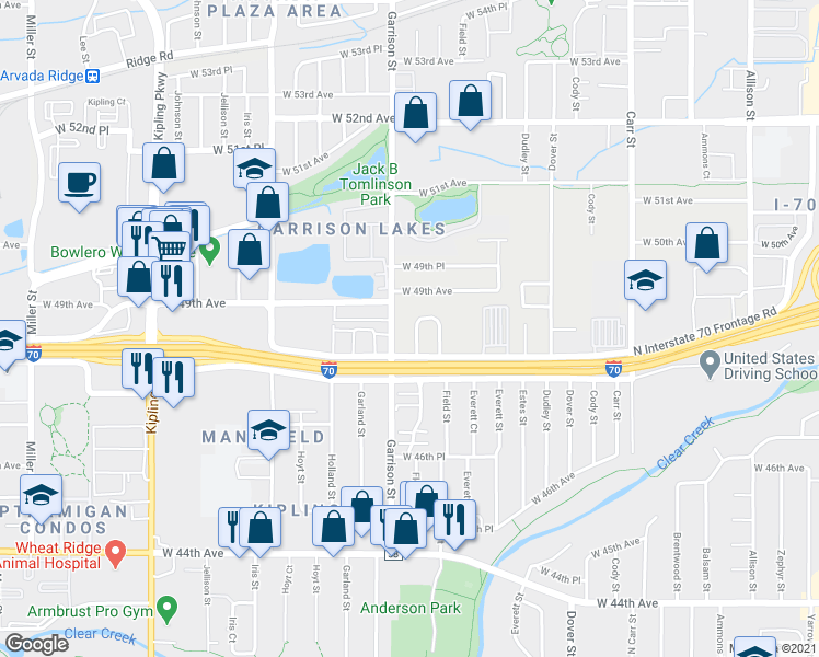 map of restaurants, bars, coffee shops, grocery stores, and more near 4822 Flower Court in Arvada