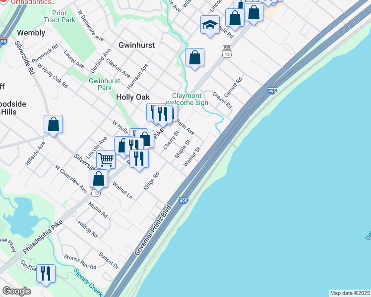 map of restaurants, bars, coffee shops, grocery stores, and more near 1700 Walnut Street in Wilmington
