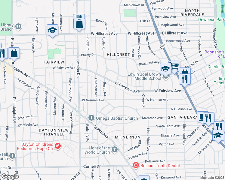 map of restaurants, bars, coffee shops, grocery stores, and more near 2017 Mayfair Road in Dayton