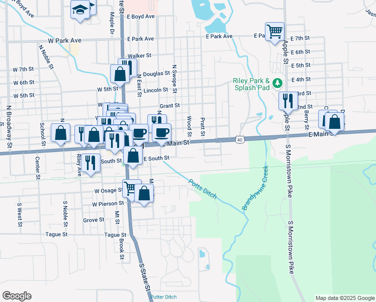 map of restaurants, bars, coffee shops, grocery stores, and more near 450 East South Street in Greenfield