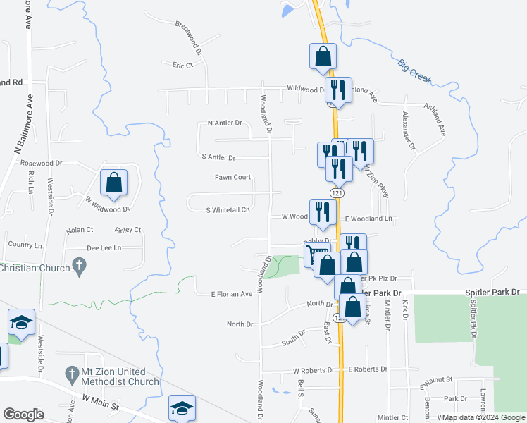 map of restaurants, bars, coffee shops, grocery stores, and more near 1225-1299 Woodland Drive in Mount Zion