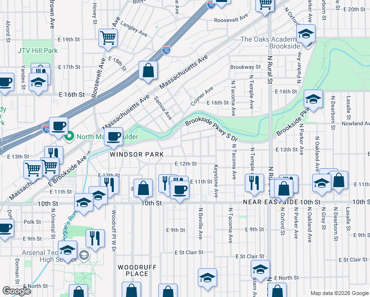 map of restaurants, bars, coffee shops, grocery stores, and more near 1221 Jefferson Avenue in Indianapolis