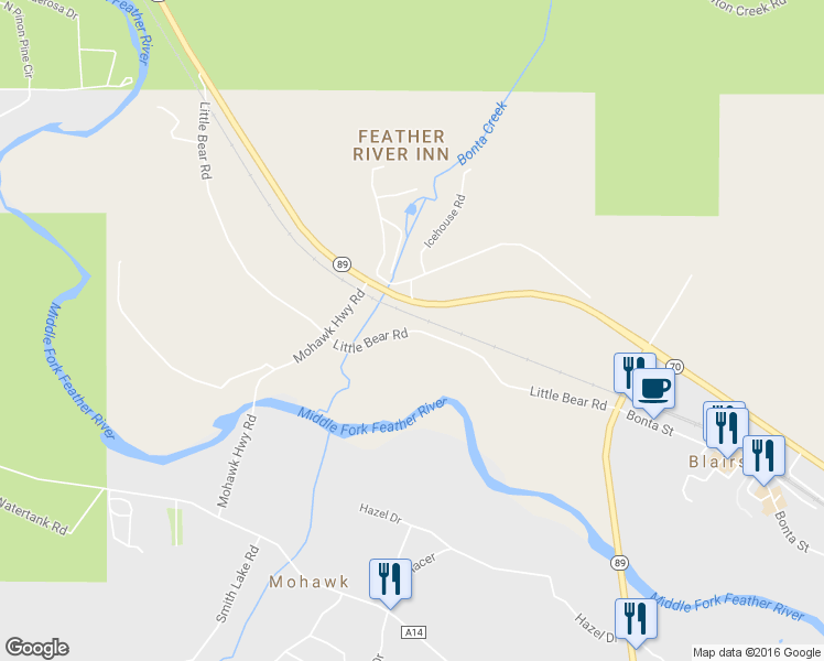 map of restaurants, bars, coffee shops, grocery stores, and more near Little Bear Road in Plumas County