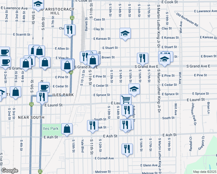 map of restaurants, bars, coffee shops, grocery stores, and more near 1602 South Loveland Avenue in Springfield