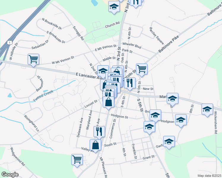 map of restaurants, bars, coffee shops, grocery stores, and more near 223 East Locust Street in Oxford