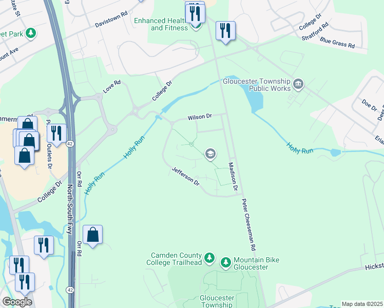 map of restaurants, bars, coffee shops, grocery stores, and more near 200 College Drive in Camden County