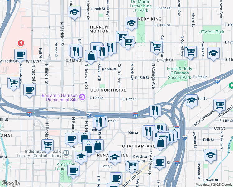map of restaurants, bars, coffee shops, grocery stores, and more near 1308 Central Avenue in Indianapolis