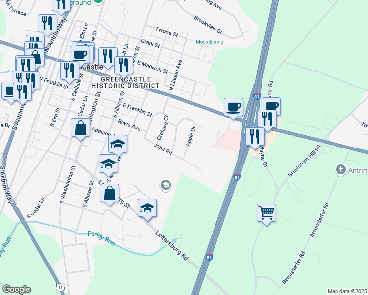 map of restaurants, bars, coffee shops, grocery stores, and more near 242 Apple Drive in Greencastle