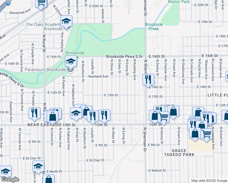 map of restaurants, bars, coffee shops, grocery stores, and more near 1230 North Gale Street in Indianapolis