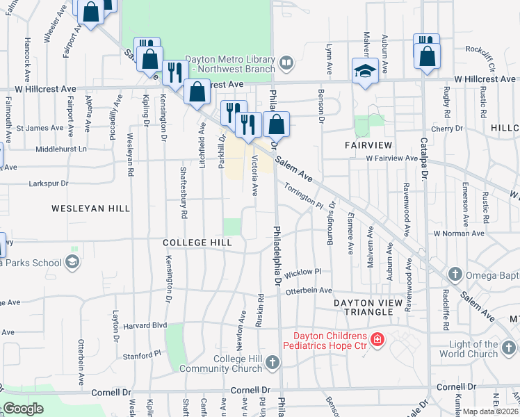 map of restaurants, bars, coffee shops, grocery stores, and more near 1966 Victoria Avenue in Dayton