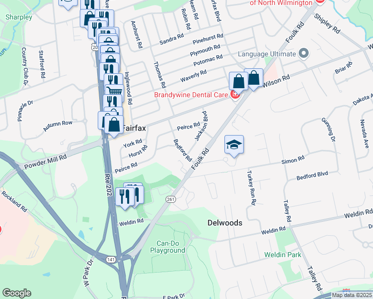 map of restaurants, bars, coffee shops, grocery stores, and more near 200 Jackson Boulevard in Wilmington