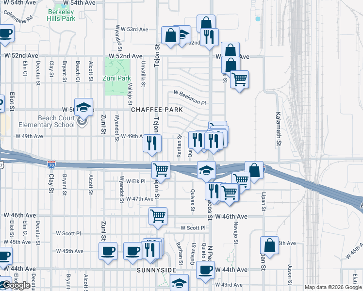 map of restaurants, bars, coffee shops, grocery stores, and more near 4830 Raritan Street in Denver