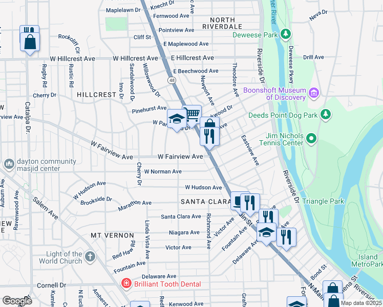 map of restaurants, bars, coffee shops, grocery stores, and more near 26 West Fairview Avenue in Dayton