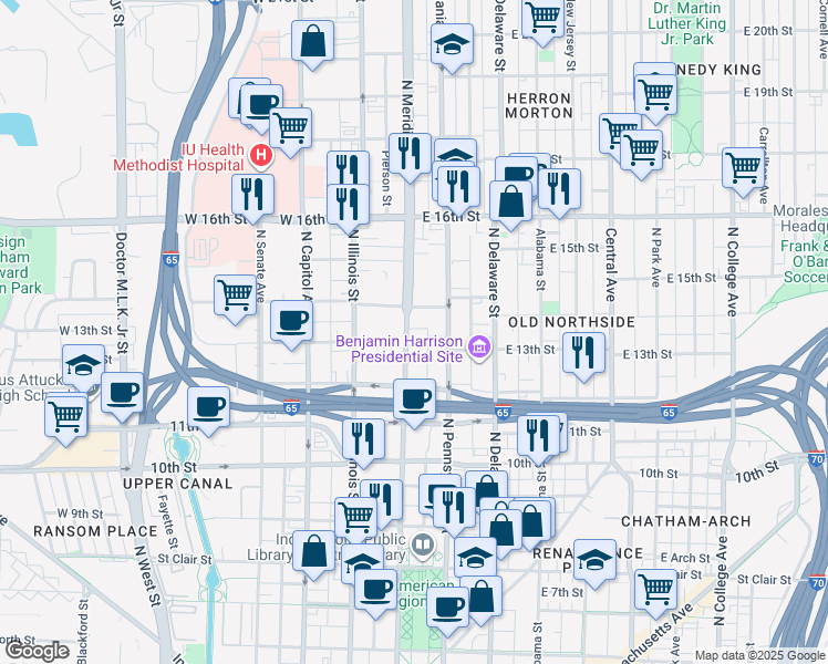 map of restaurants, bars, coffee shops, grocery stores, and more near 1301 North Meridian Street in Indianapolis