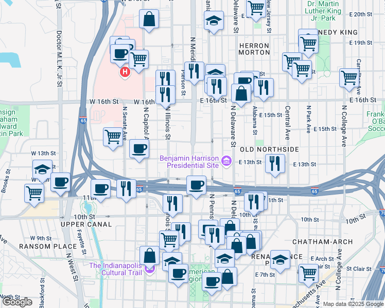 map of restaurants, bars, coffee shops, grocery stores, and more near 1301 North Meridian Street in Indianapolis