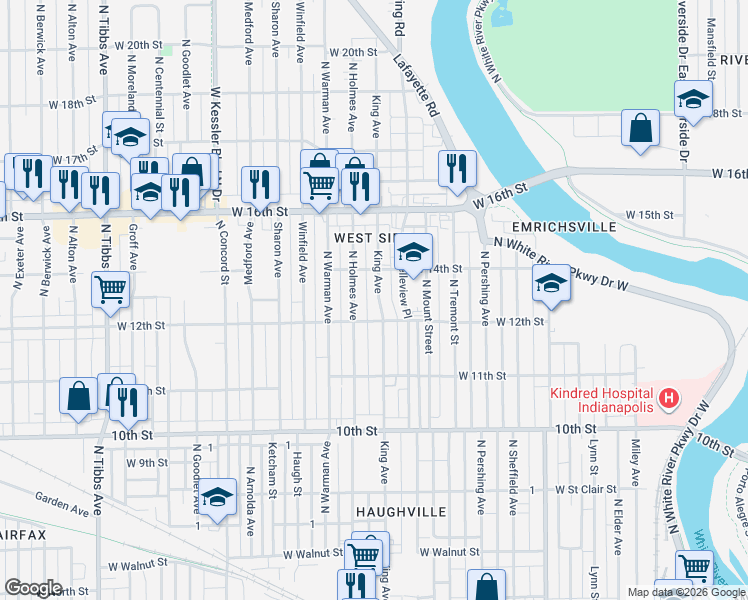 map of restaurants, bars, coffee shops, grocery stores, and more near 1205 North Holmes Avenue in Indianapolis