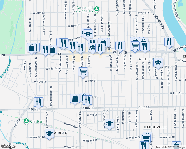 map of restaurants, bars, coffee shops, grocery stores, and more near 1208 North Centennial Street in Indianapolis