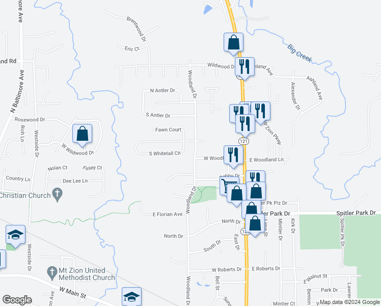 map of restaurants, bars, coffee shops, grocery stores, and more near 1225-1299 Woodland Drive in Mount Zion