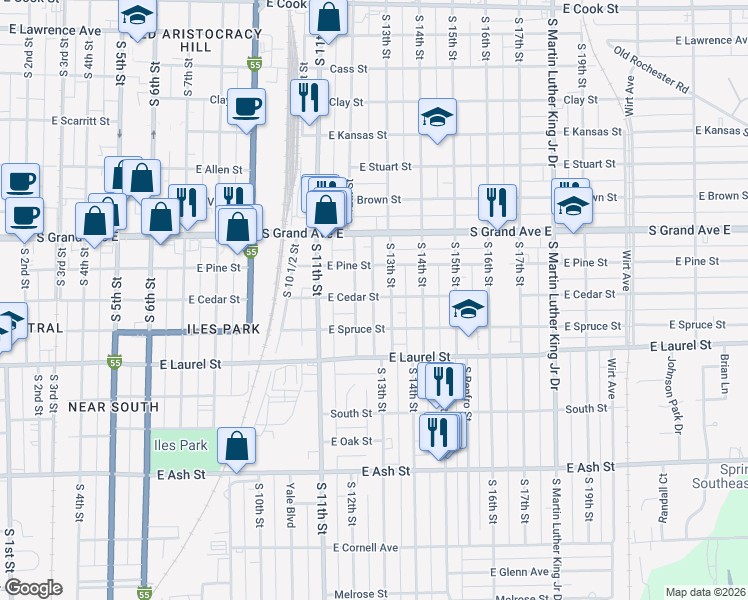 map of restaurants, bars, coffee shops, grocery stores, and more near 1610 South Loveland Avenue in Springfield