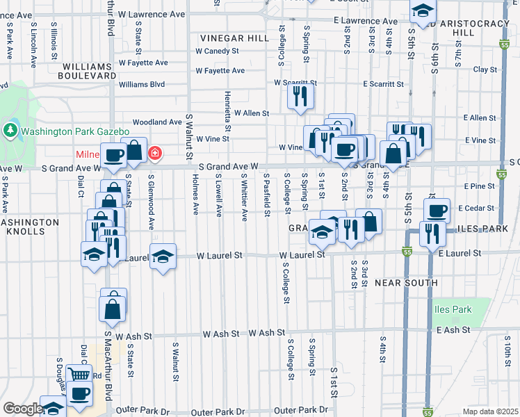 map of restaurants, bars, coffee shops, grocery stores, and more near 1502 South Whittier Avenue in Springfield