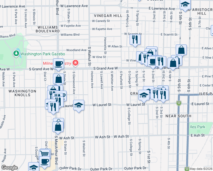 map of restaurants, bars, coffee shops, grocery stores, and more near 1504 South Lowell Avenue in Springfield
