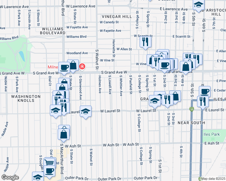 map of restaurants, bars, coffee shops, grocery stores, and more near 1504 South Lowell Avenue in Springfield