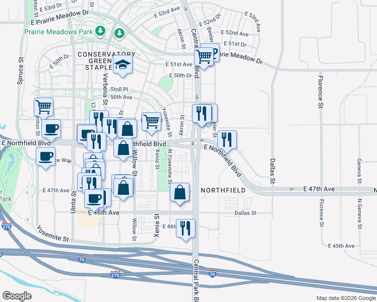 map of restaurants, bars, coffee shops, grocery stores, and more near in Denver