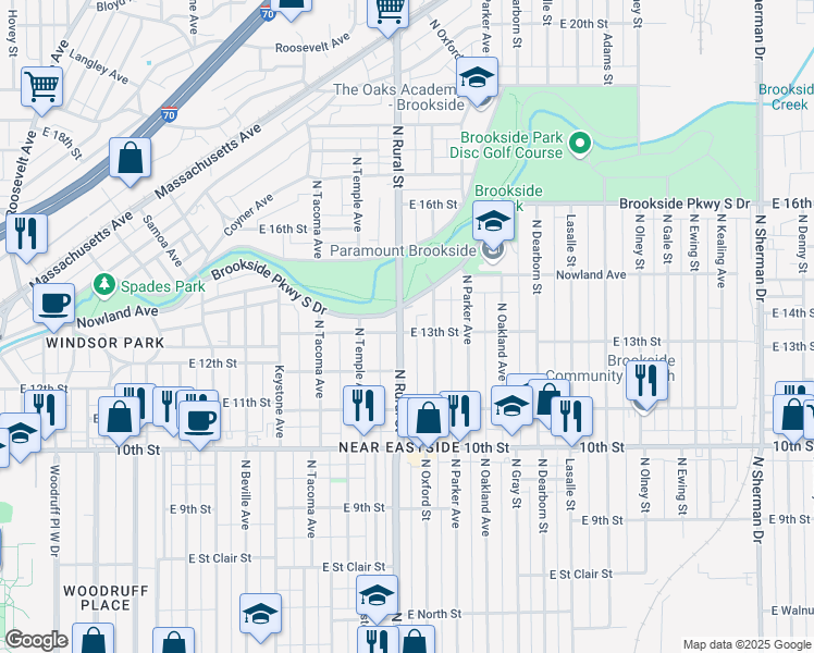 map of restaurants, bars, coffee shops, grocery stores, and more near 1303 North Rural Street in Indianapolis