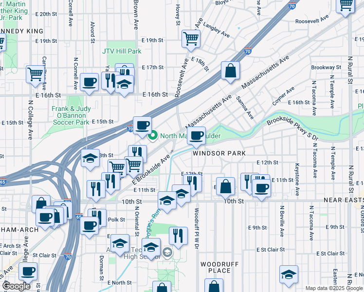 map of restaurants, bars, coffee shops, grocery stores, and more near 1606 East Brookside Avenue in Indianapolis