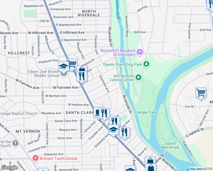 map of restaurants, bars, coffee shops, grocery stores, and more near 102 East Norman Avenue in Dayton