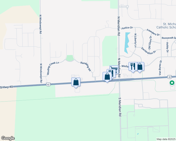 map of restaurants, bars, coffee shops, grocery stores, and more near 116 Rambling Road in Greenfield