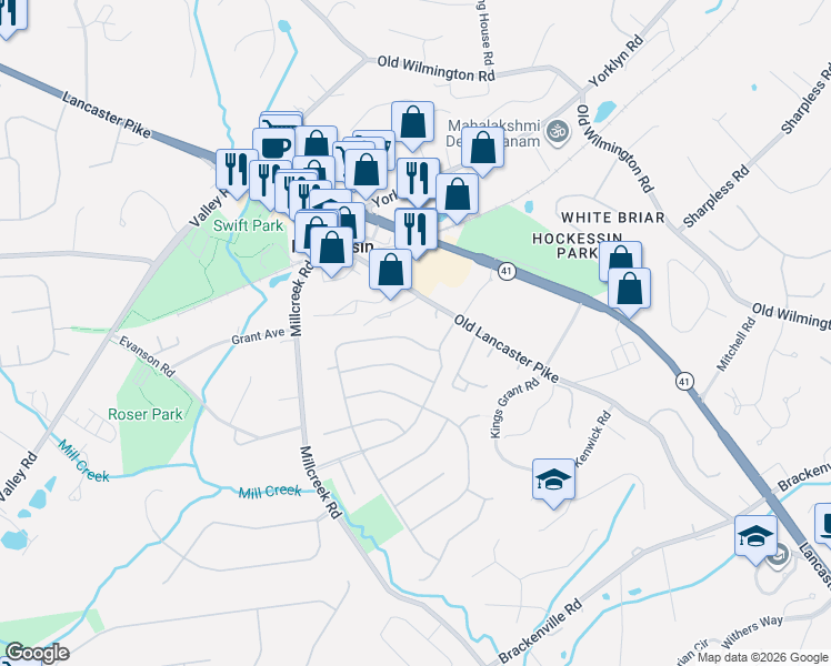 map of restaurants, bars, coffee shops, grocery stores, and more near 566 Hemingway Drive in Hockessin