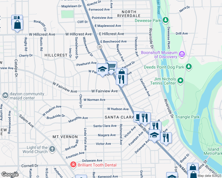 map of restaurants, bars, coffee shops, grocery stores, and more near 26 West Fairview Avenue in Dayton