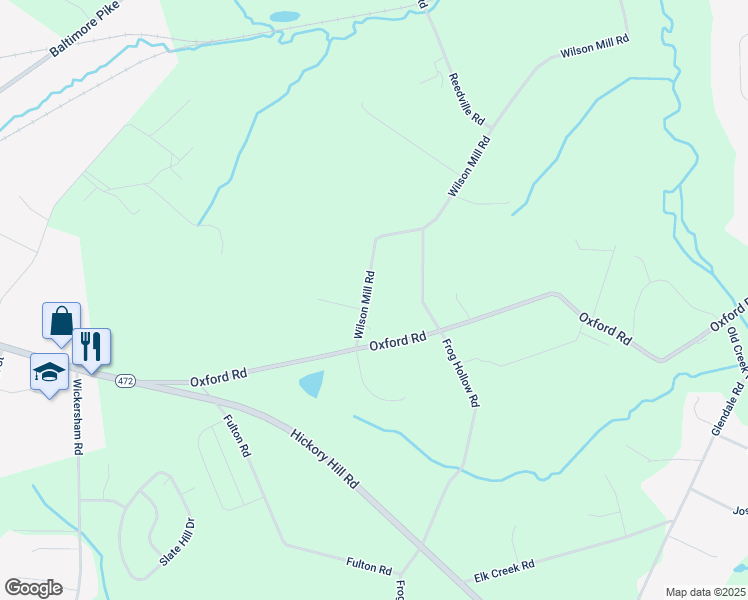 map of restaurants, bars, coffee shops, grocery stores, and more near 121 Wilson Mill Road in Oxford