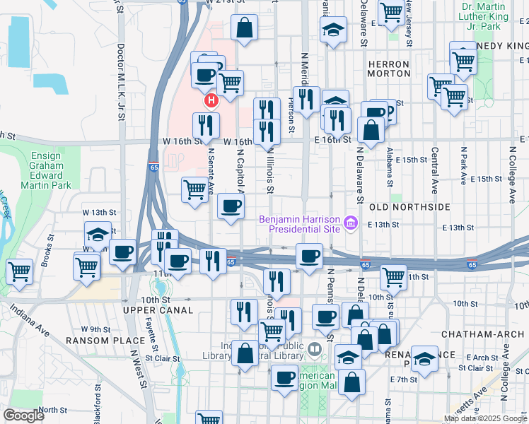 map of restaurants, bars, coffee shops, grocery stores, and more near 1244 North Illinois Street in Indianapolis